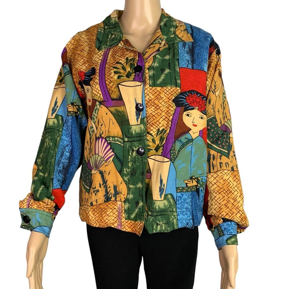 VTG Kaktus Womens Small Jacket Picasso Art Inspired Wearable Art Linen Rayon USA